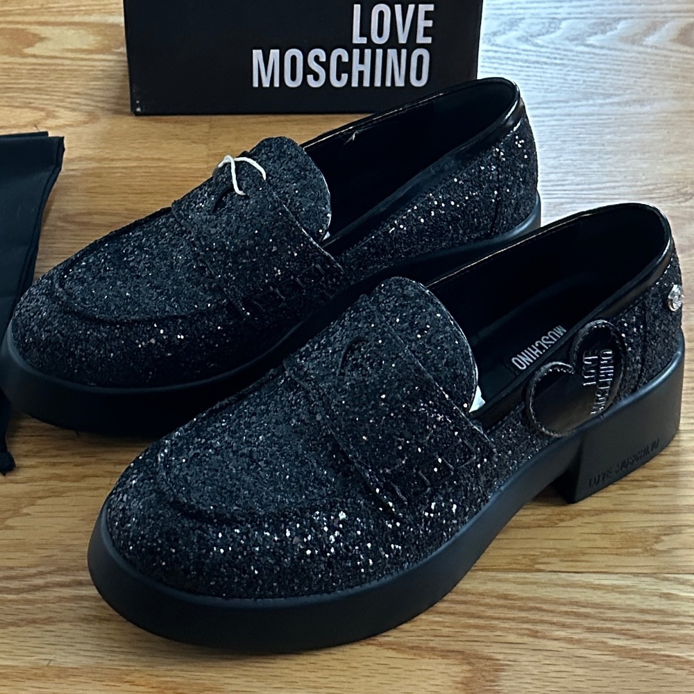Love Moschino NIB Glitter Nero Taglia Chunky Loafers (38)